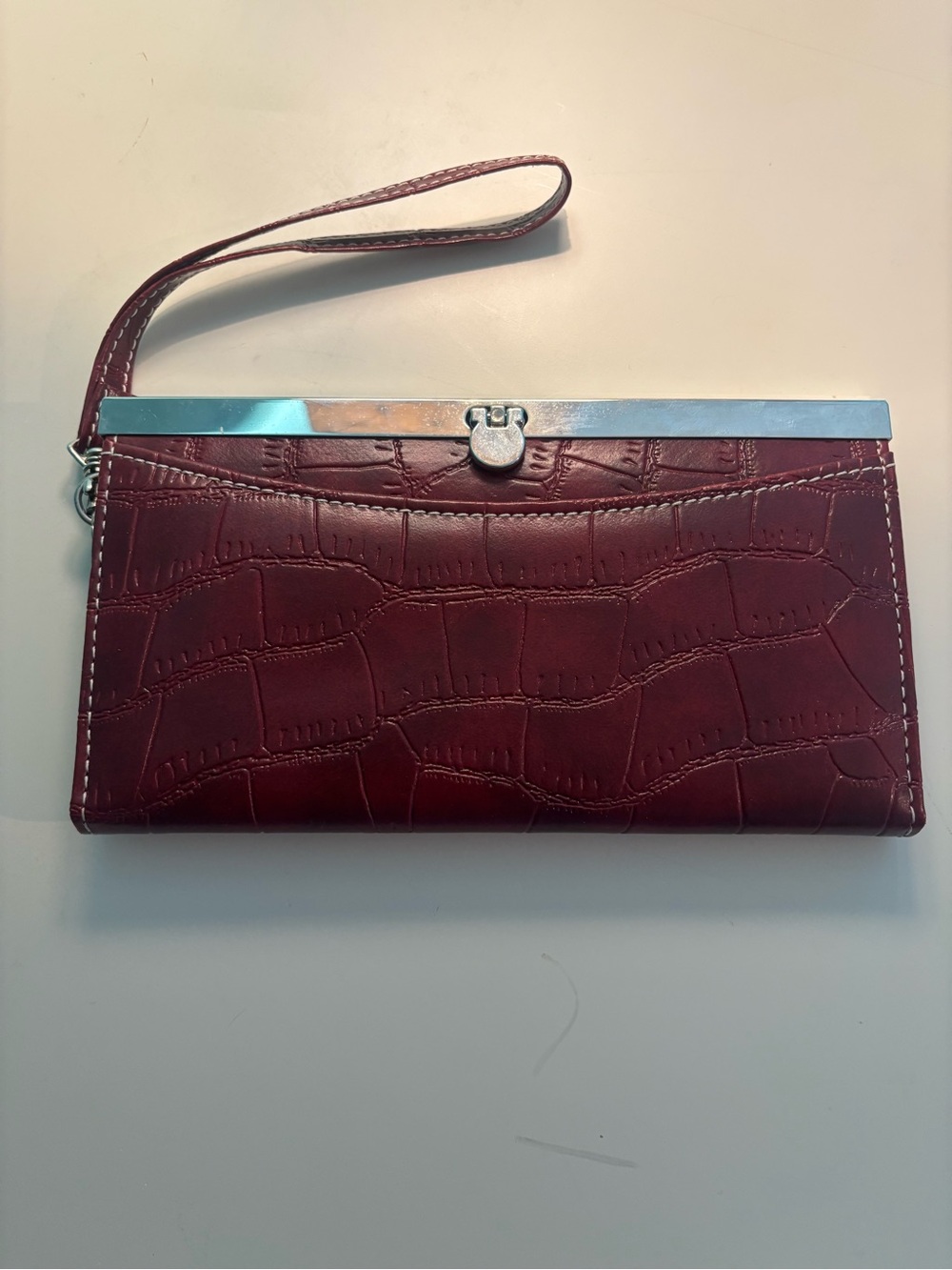 Croc-Embossed Burgundy Wallet with Silver Accent
